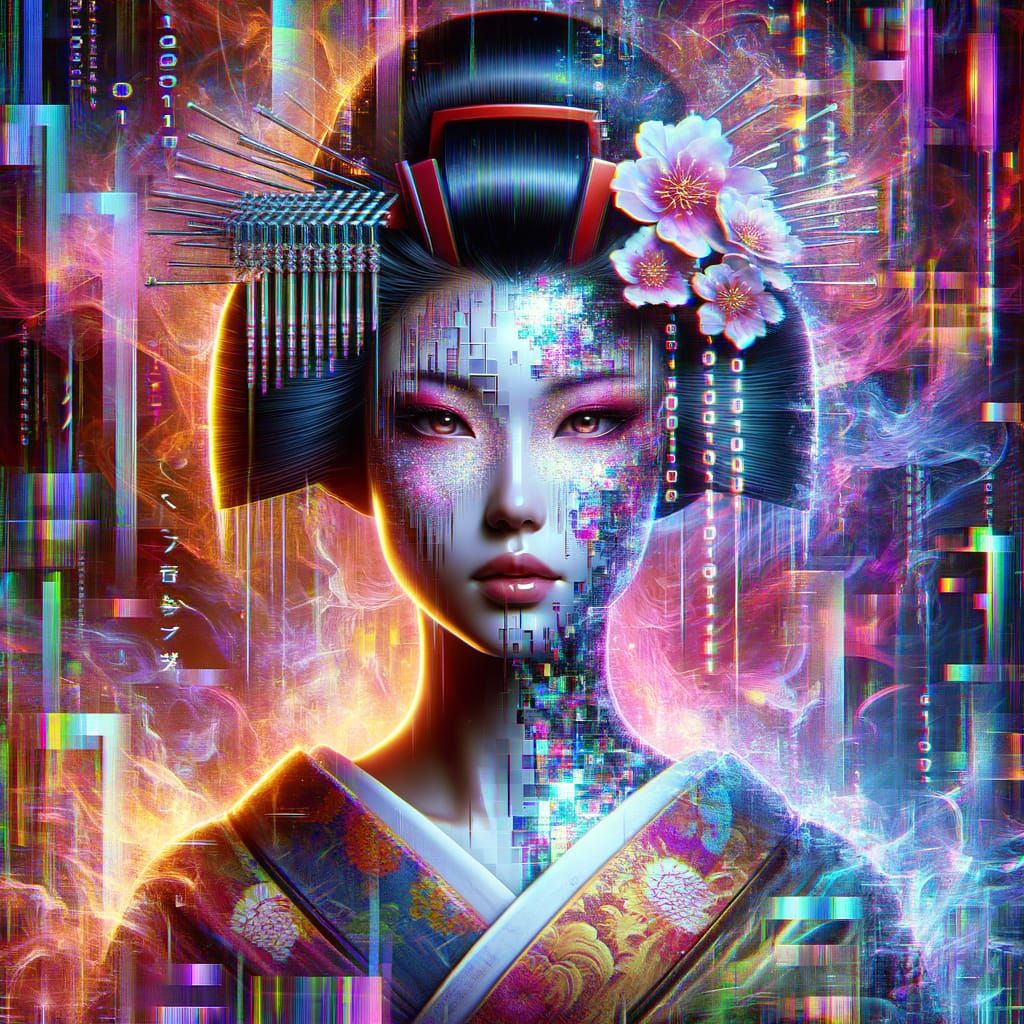 A portrait of a digital geisha, her face fragmented into shimmering shards of glass, each reflecting ...  by @Jose