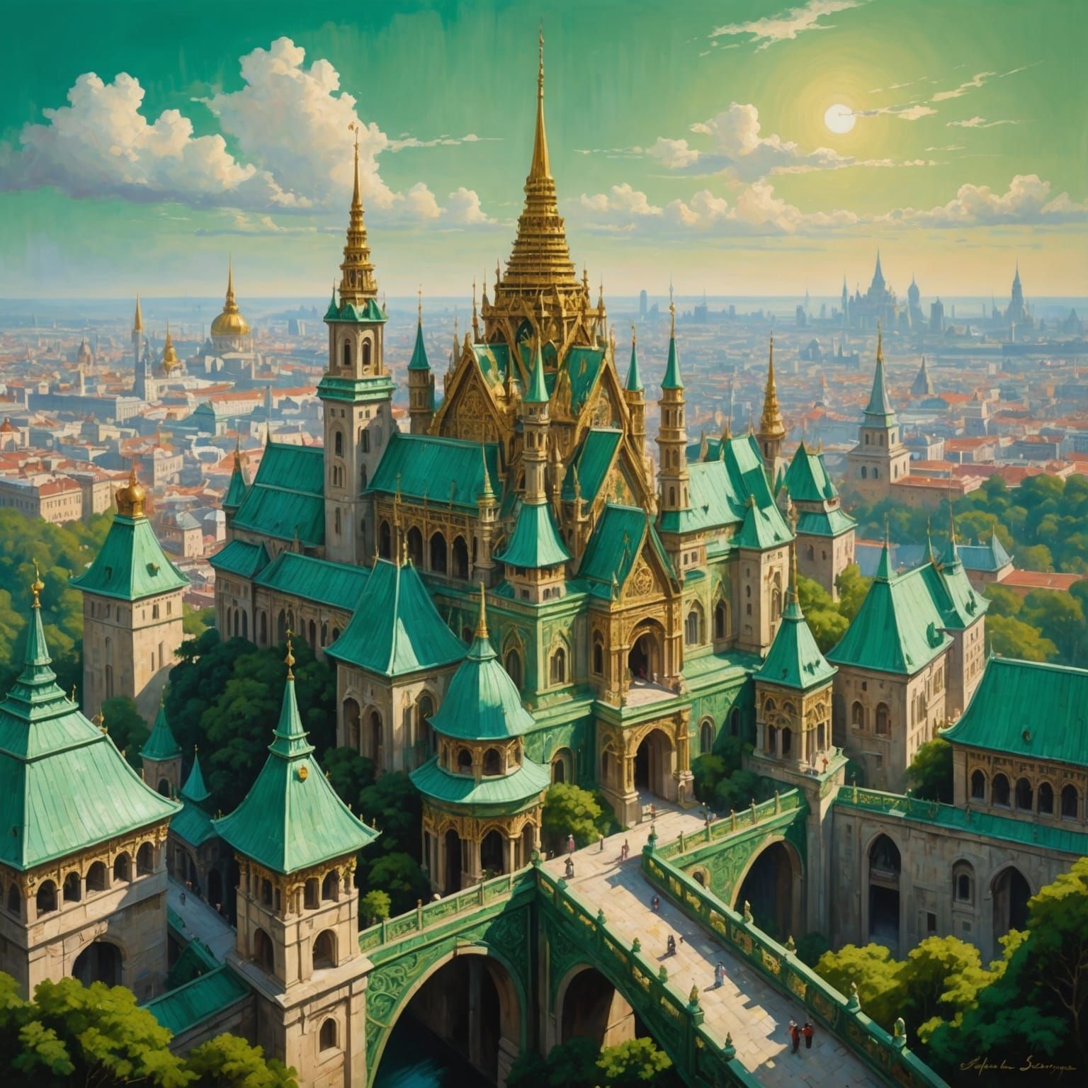 A labyrinthine maze of towering spires and delicate bridges, the ornate cityscape beckons with its mysterious allure. In a green painting, t...