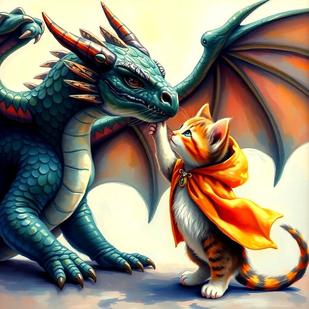 a kitten touching noses with a huge dragon