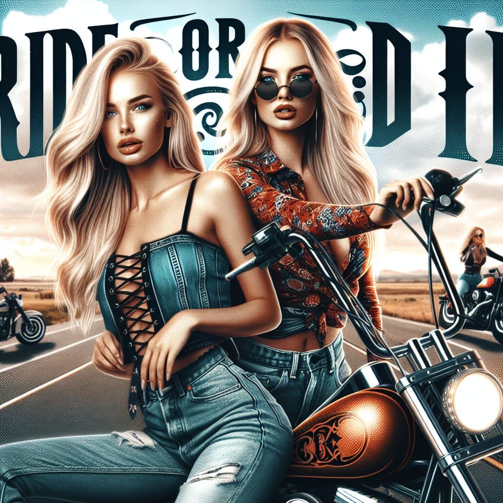 a picture of two gorgeous blonde girls riding motorcycles an...
