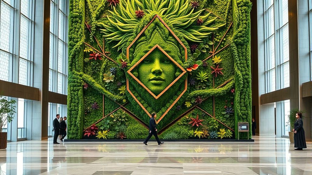 A skyscraper hotel lobby featuring a massive biophilic vertical green art wall constructed in zentangle geometry: repeat...