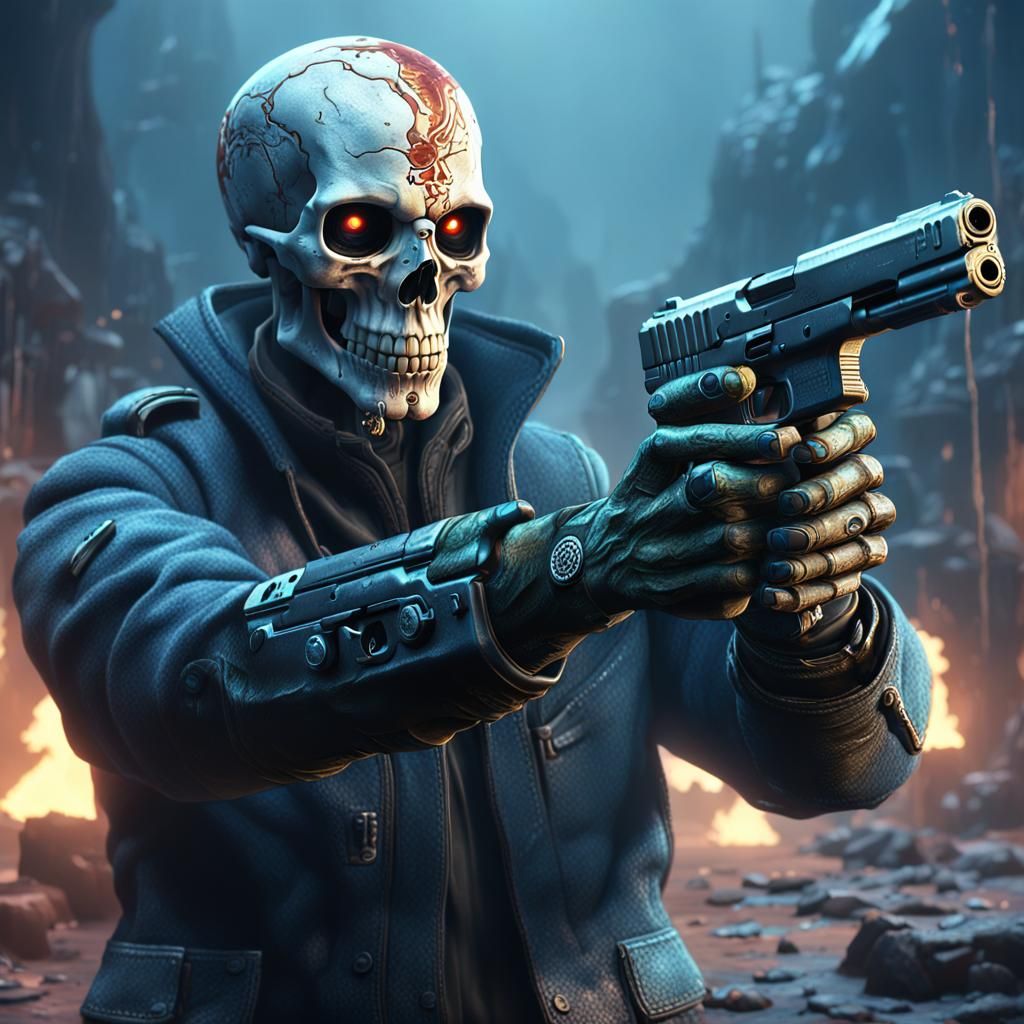 Skull Face holding his handgun with supressor