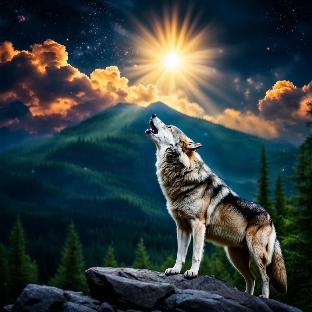 a wolf howling on a mountain surrounded by fireflies on a br...