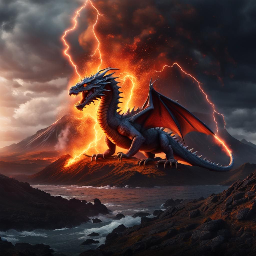 Fire breathing dragon erupting out of lightning over an icel...