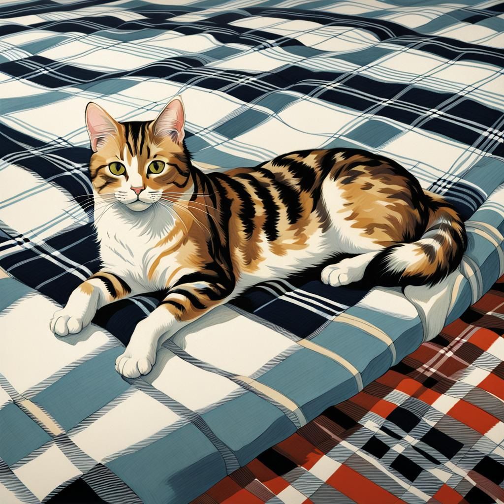 tabbycat on a plaid in contrasting colors AI Generated Artwork