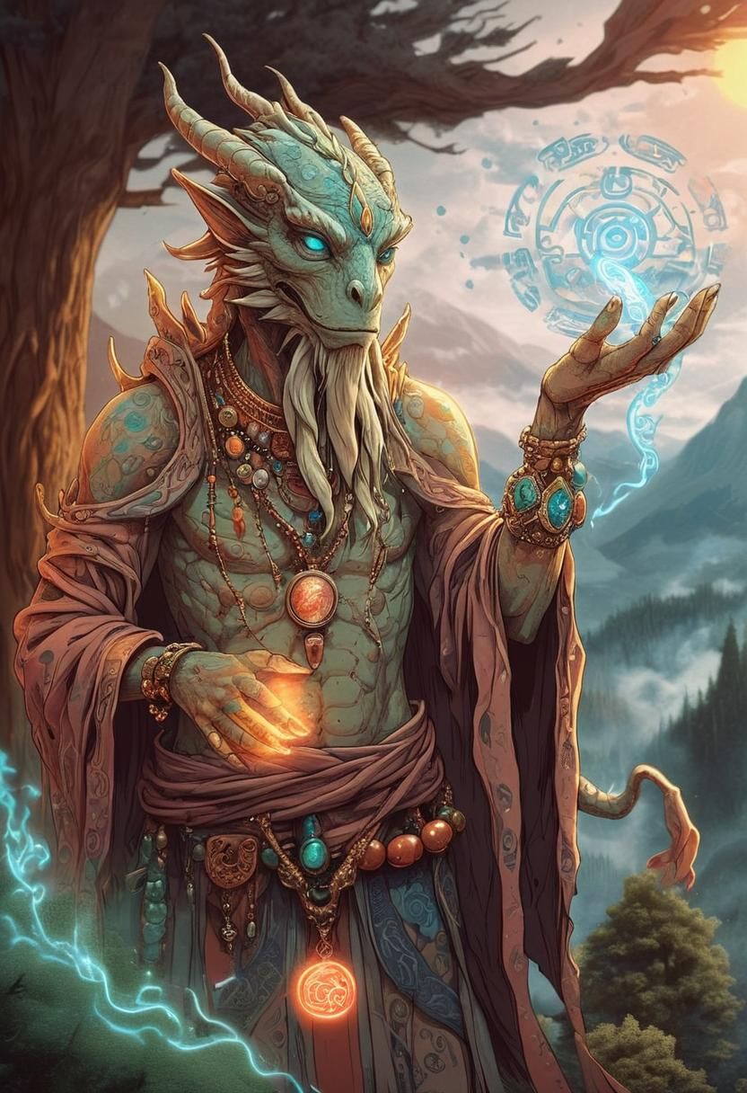 Ancient Sage Holding Dragon of Flames in Mystic Forest