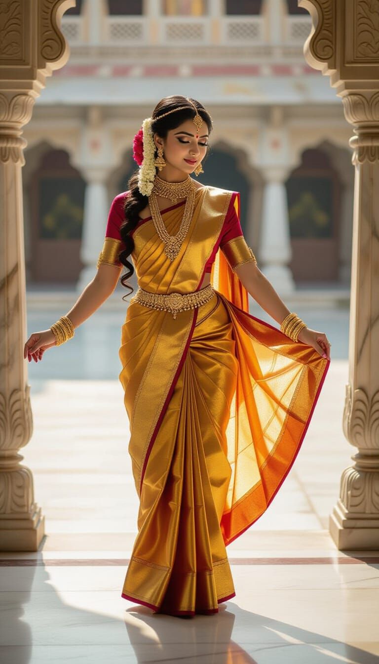 (Divine temple portrait:1.4) of a mesmerizing South Asian apsara, with jasmine-adorned hair and a (diaphanous, gold-threaded sari slipping o...