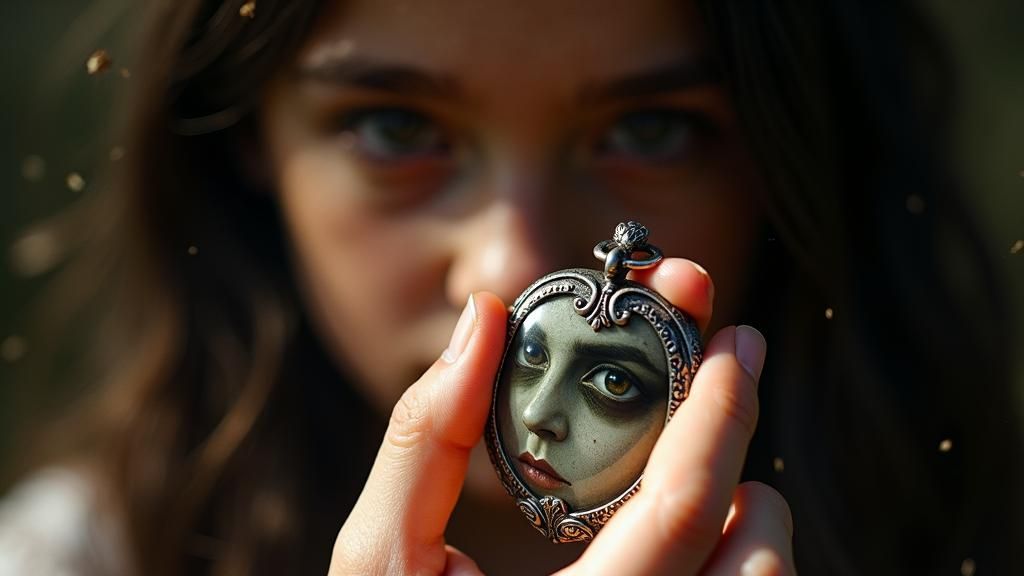 Close-up of Emily's (14, long dark hair, piercing hazel eyes, pale complexion) pale hand holding an antique locket, her reflection distorted...