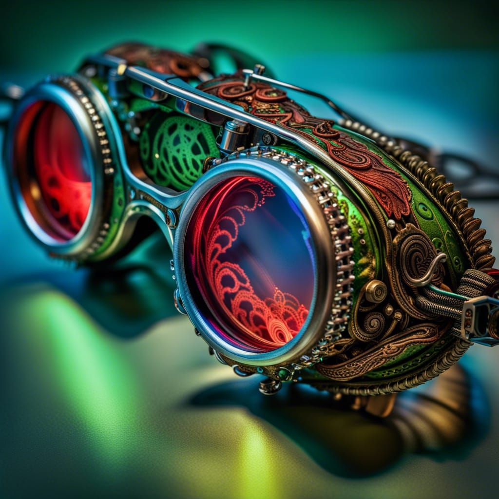 Goggles on a table, steampunk, cyberpunk, polished metal frame, chain, blue and red lens, glowing details, ...  by @Charlie Watson AKA Chuckcrunch