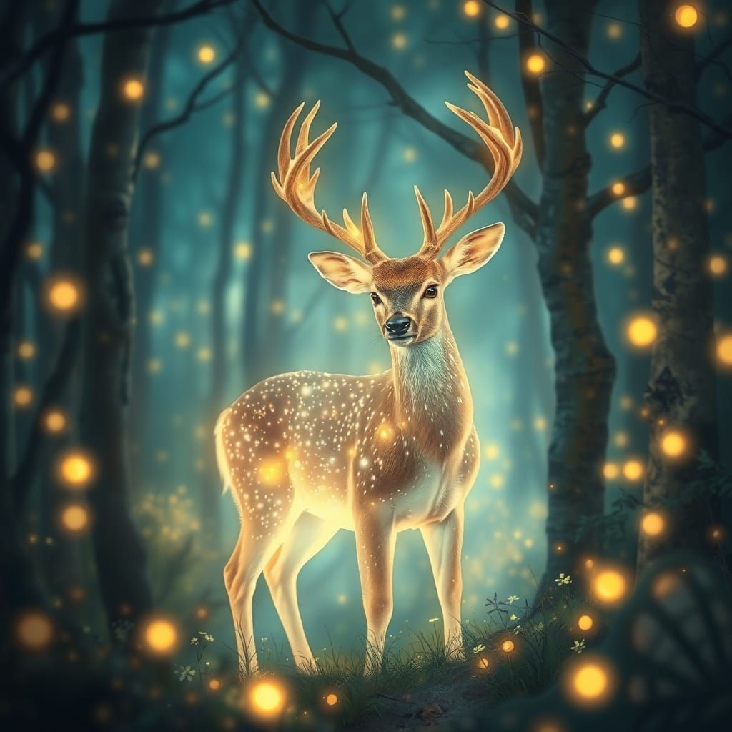 Bioluminescent Deer in Ethereal Forest: Impressionistic Digi...