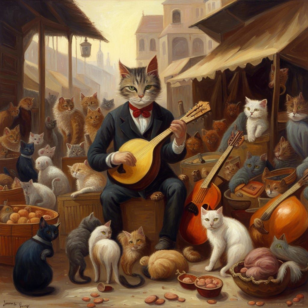 A cat selling mandolins in a market full of animals