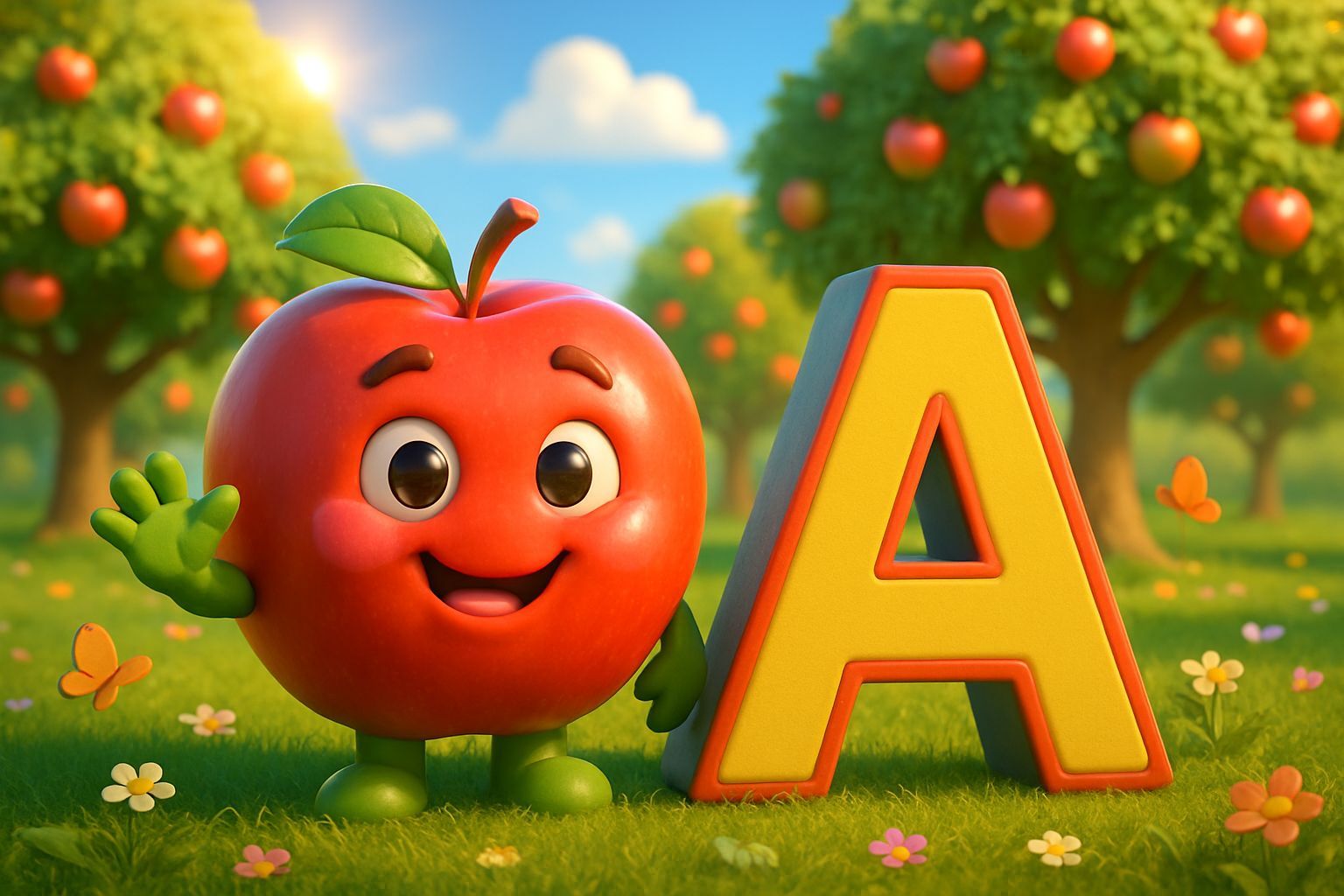 A cute 3D cartoon scene featuring a big smiling apple character with expressive eyes, eyebrows, and a friendly mouth, standing upright on tw...
