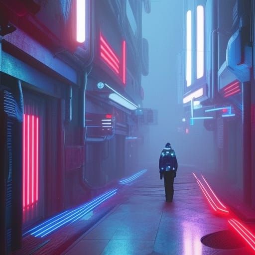 A blue hallway like area with a bunch of technology and line...