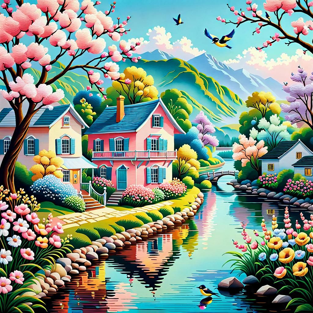 Embroidery Work of a house along a river, Pastel Color Flowers blooming ...