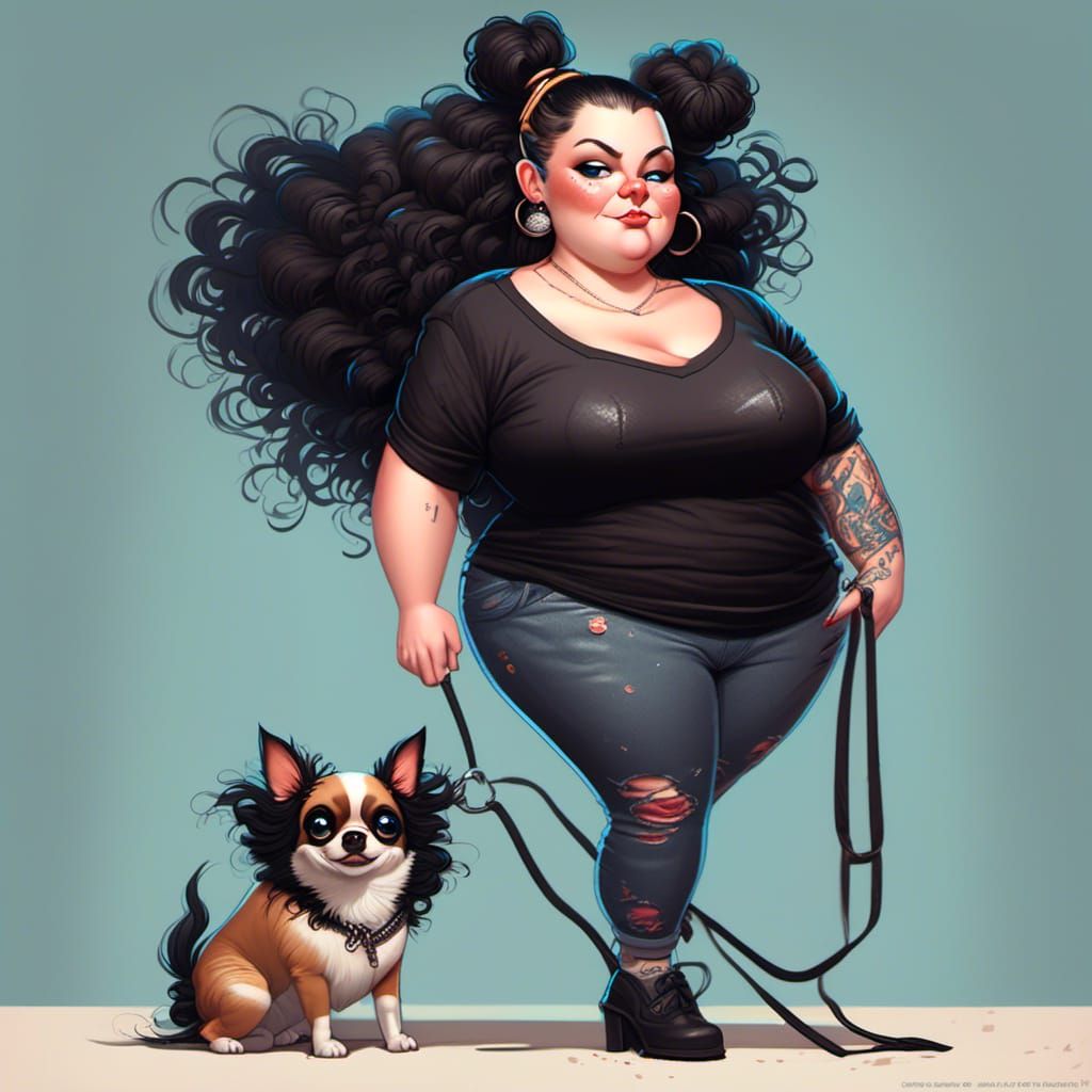 Fun very exaggerated caracature illustration style of an attractive plus size woman with some tattoos wearing a knee length black tee shirt,...