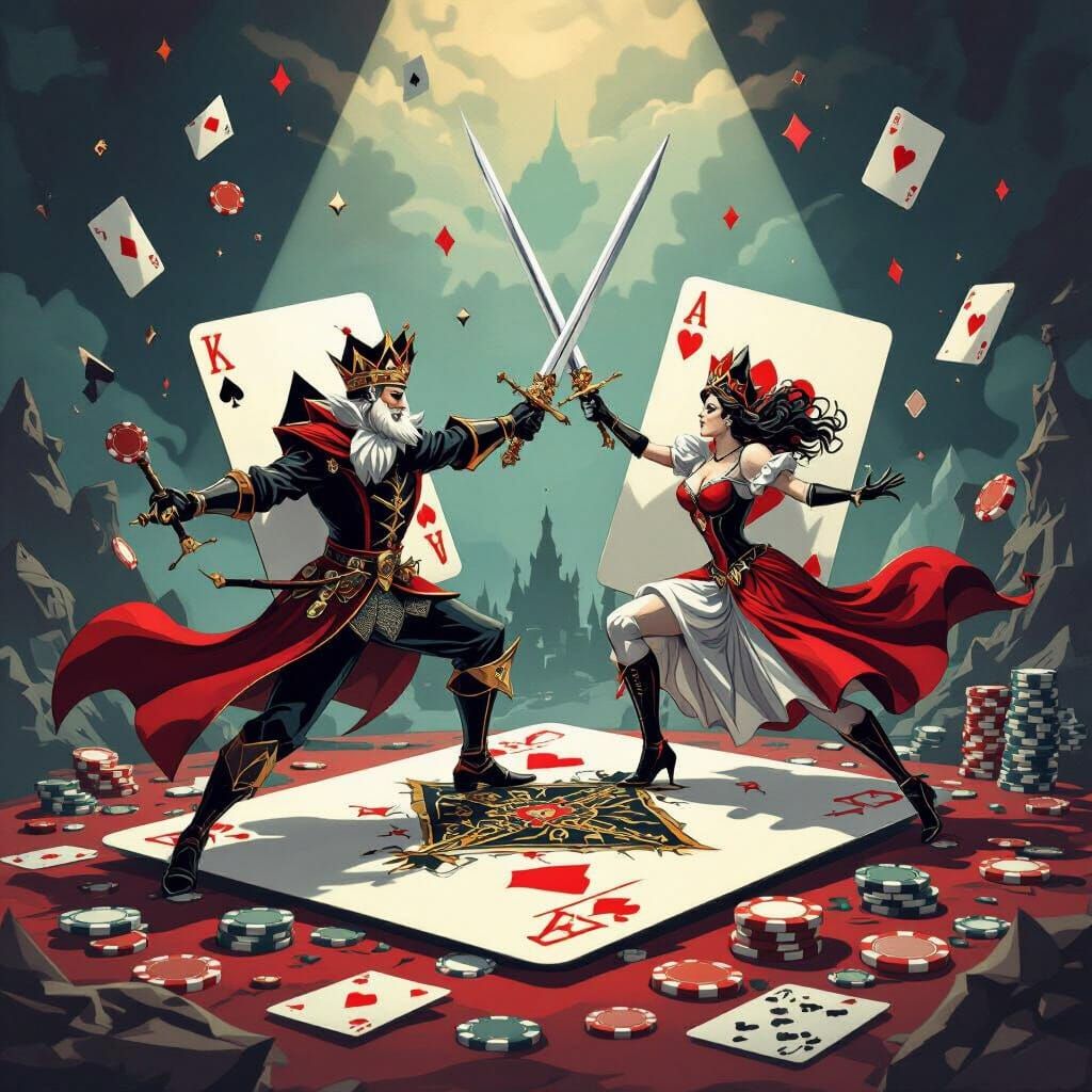 Back Ground: 1800 London. Two anthropomorphic playing cards, a King of Spades and a  Jack of diamonds, in a dramatic sword fight on a giant ...