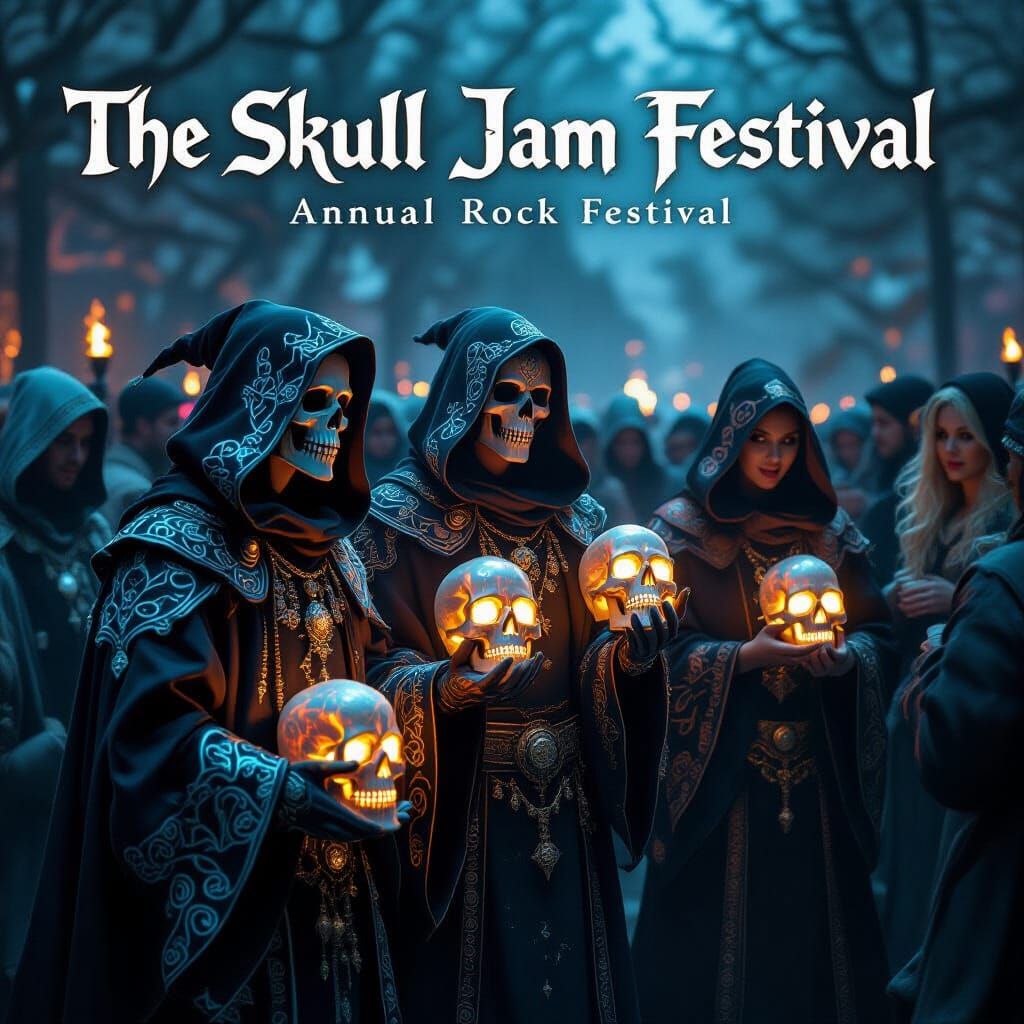 A joyous gathering for 'The Skull Jam Festival', celebrating the annual Rock Festival. People are dressed ...  by @teslacult