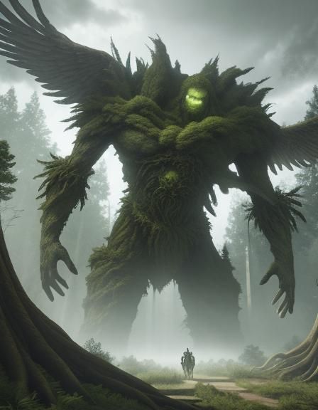 Giant trees spawning golems to attack the angels trying to c...