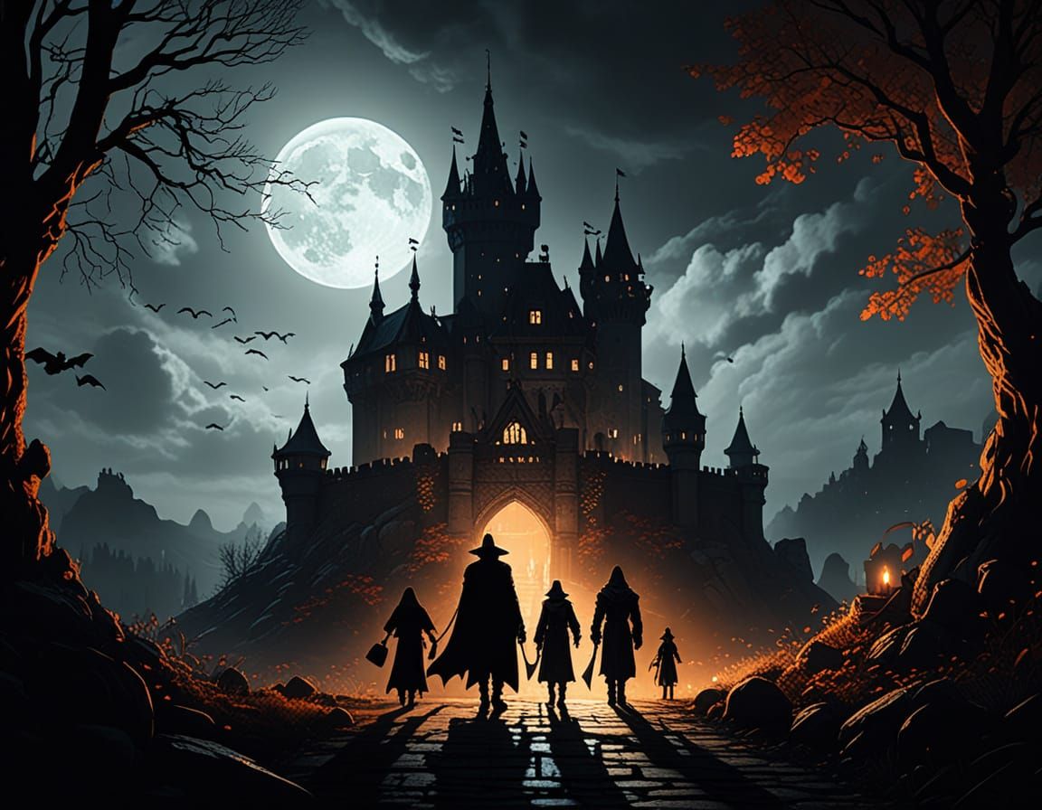 group of kids trick-or-treating in costumes in front of count Dracula castle, eerie costumes, and ghostly candies