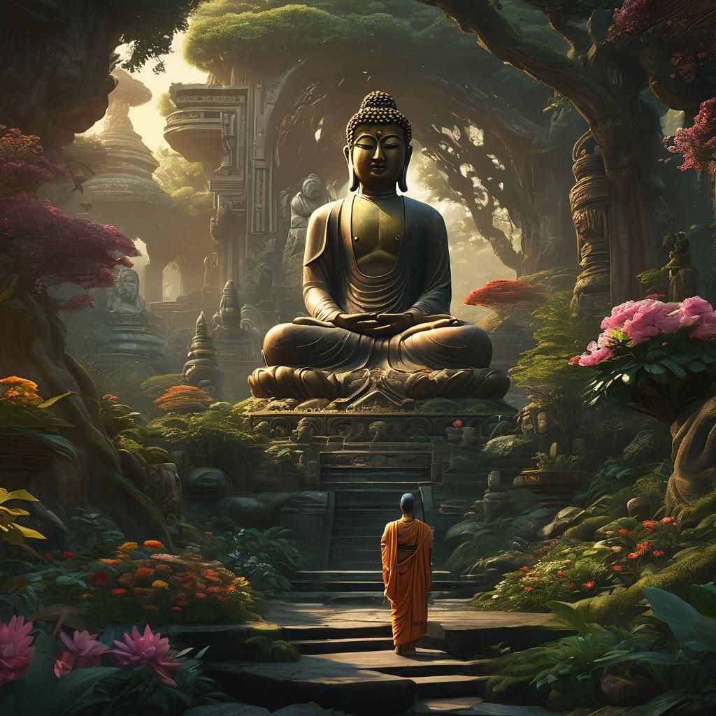 Buddha and Subhuti in Golden Light: Cinematic Digital Art