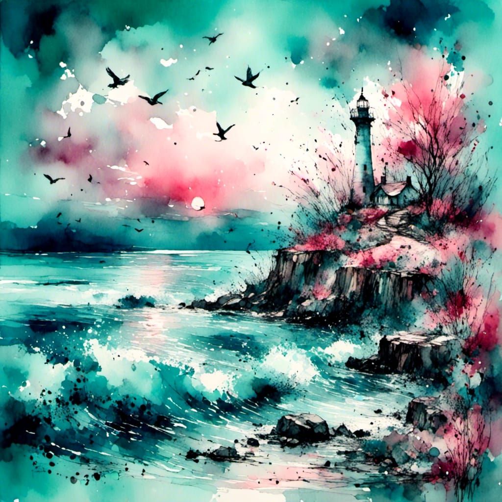 <lora:Colours:1.0> Fine oil. Shimmering pearlescent lighthouse on a lonely shore. Birds in sky. Shimmering pink and aquamarine sky. Glazed s...