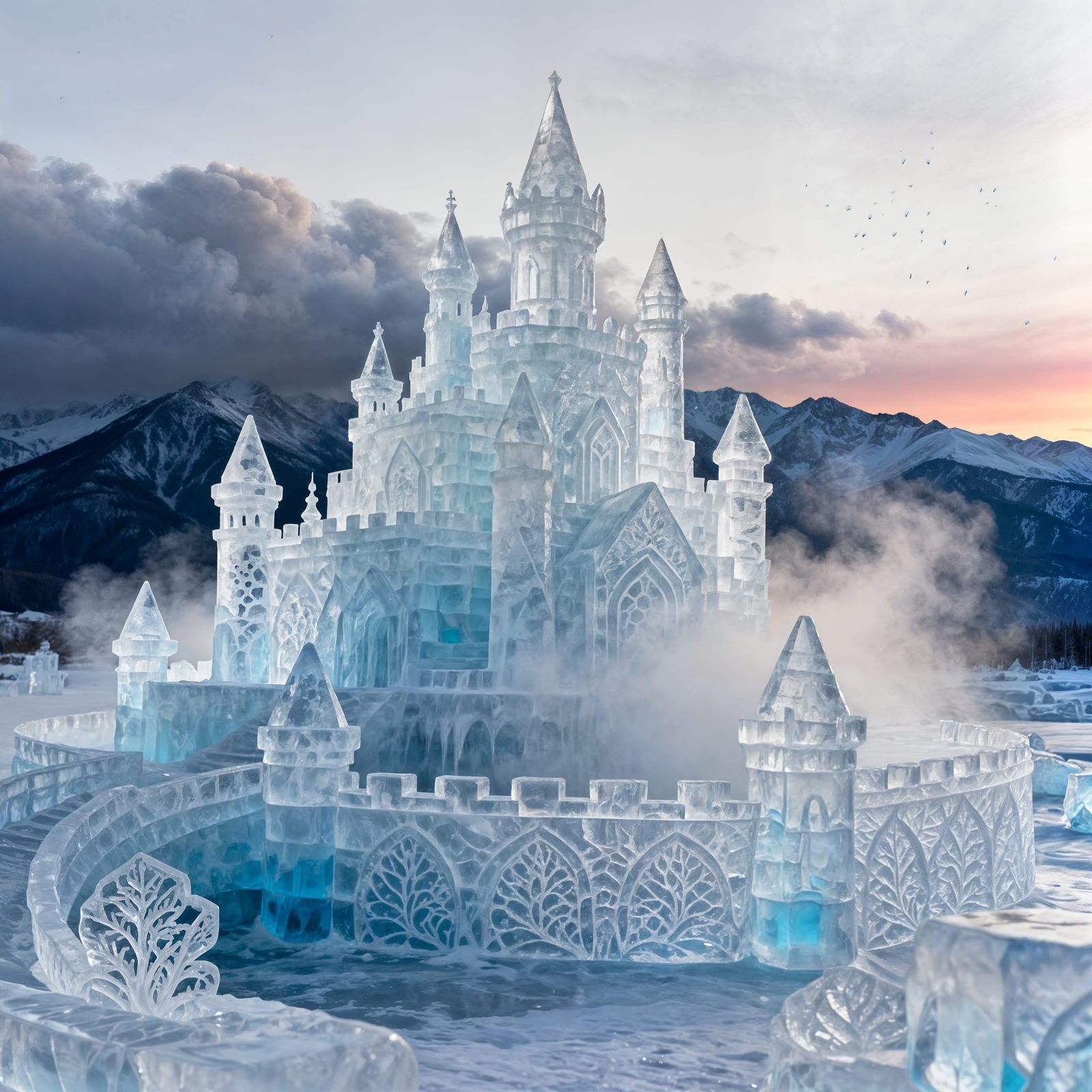 Ice Castle Engraving with Cloudy Sky