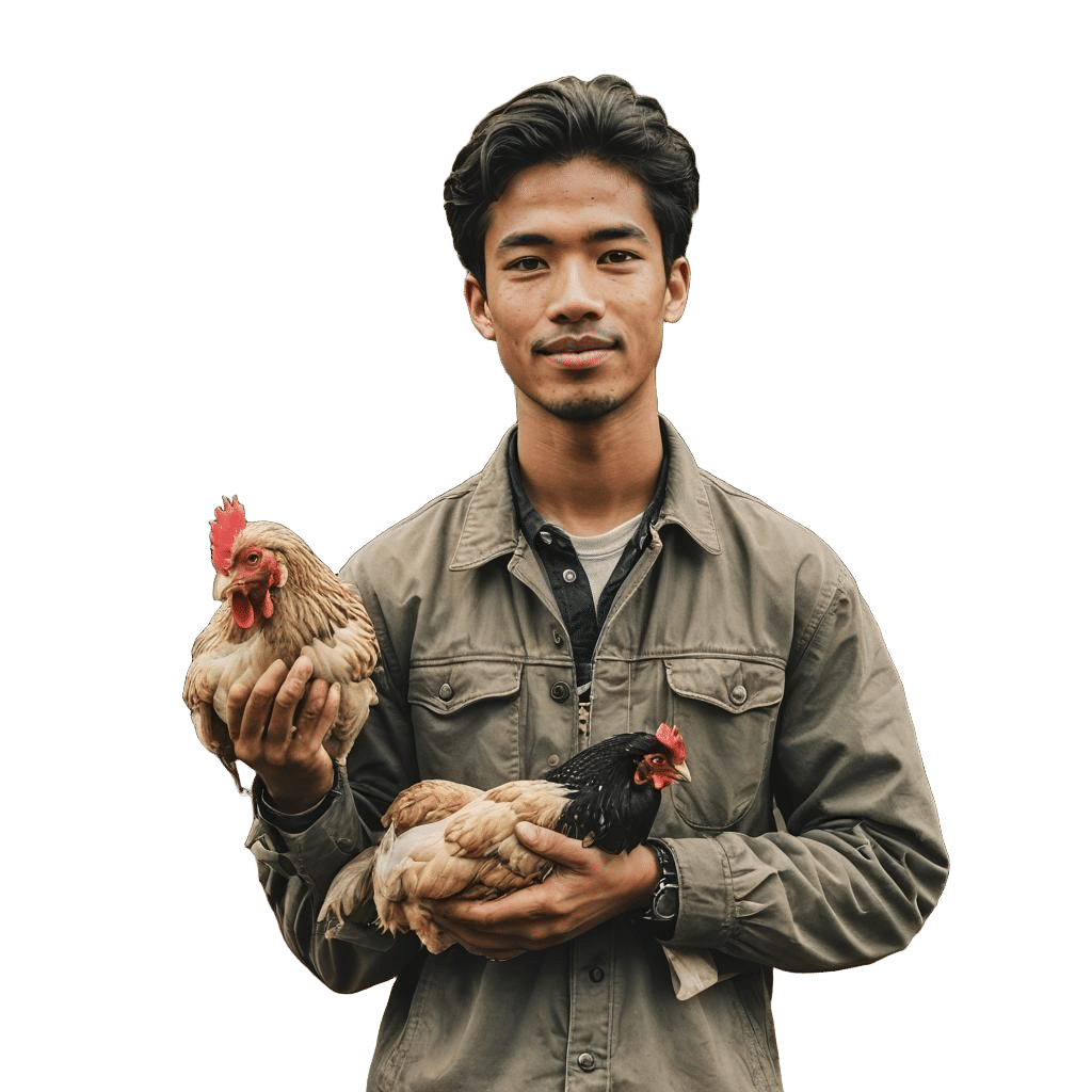 young man holding a chicken