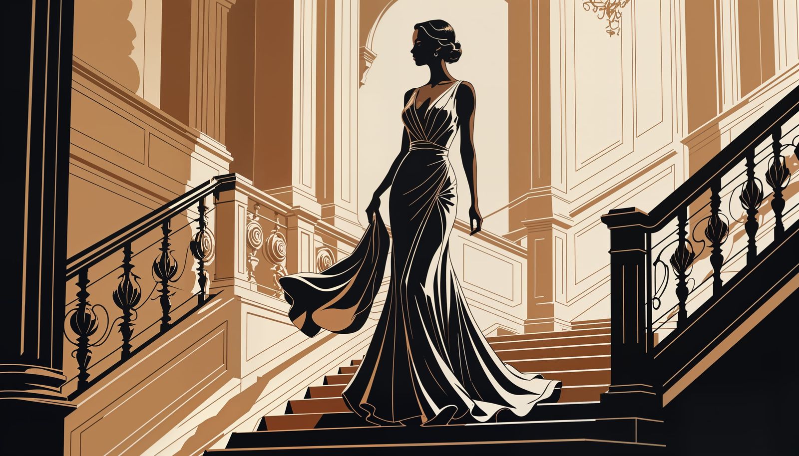 Vector aesthetic. A stylized figure in a flowing gown, walking down a grand staircase, minimalist one ...  by @Niels Carlsen