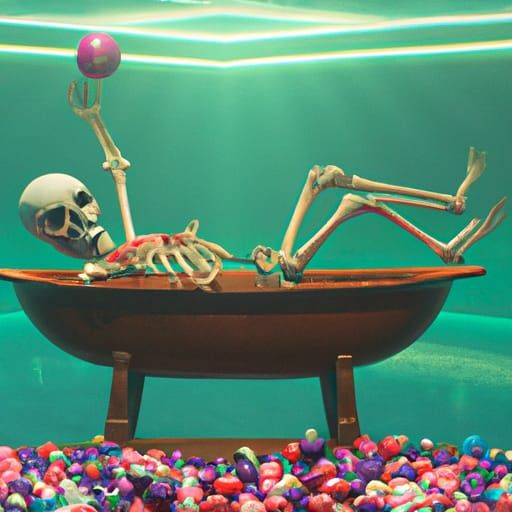 Skeleton floating in a pool full of Skittles