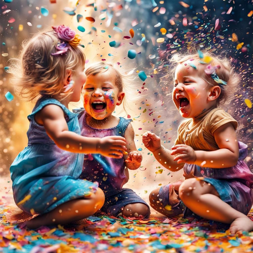 Some toddlers having fun while playing and laughing with a lot of confetti coming down 8k resolution ...  by @Louisa