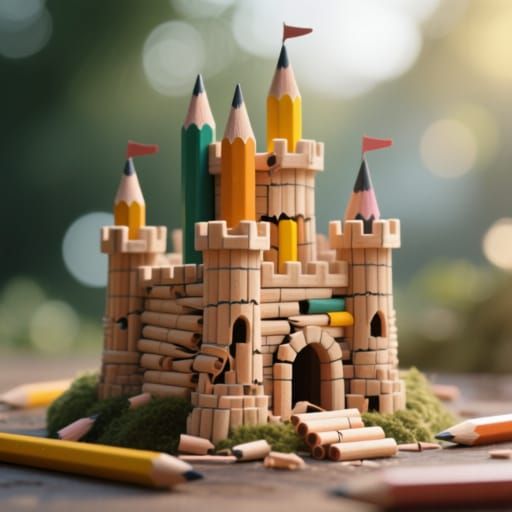 A castle constructed entirely from pencils in mid-transformation