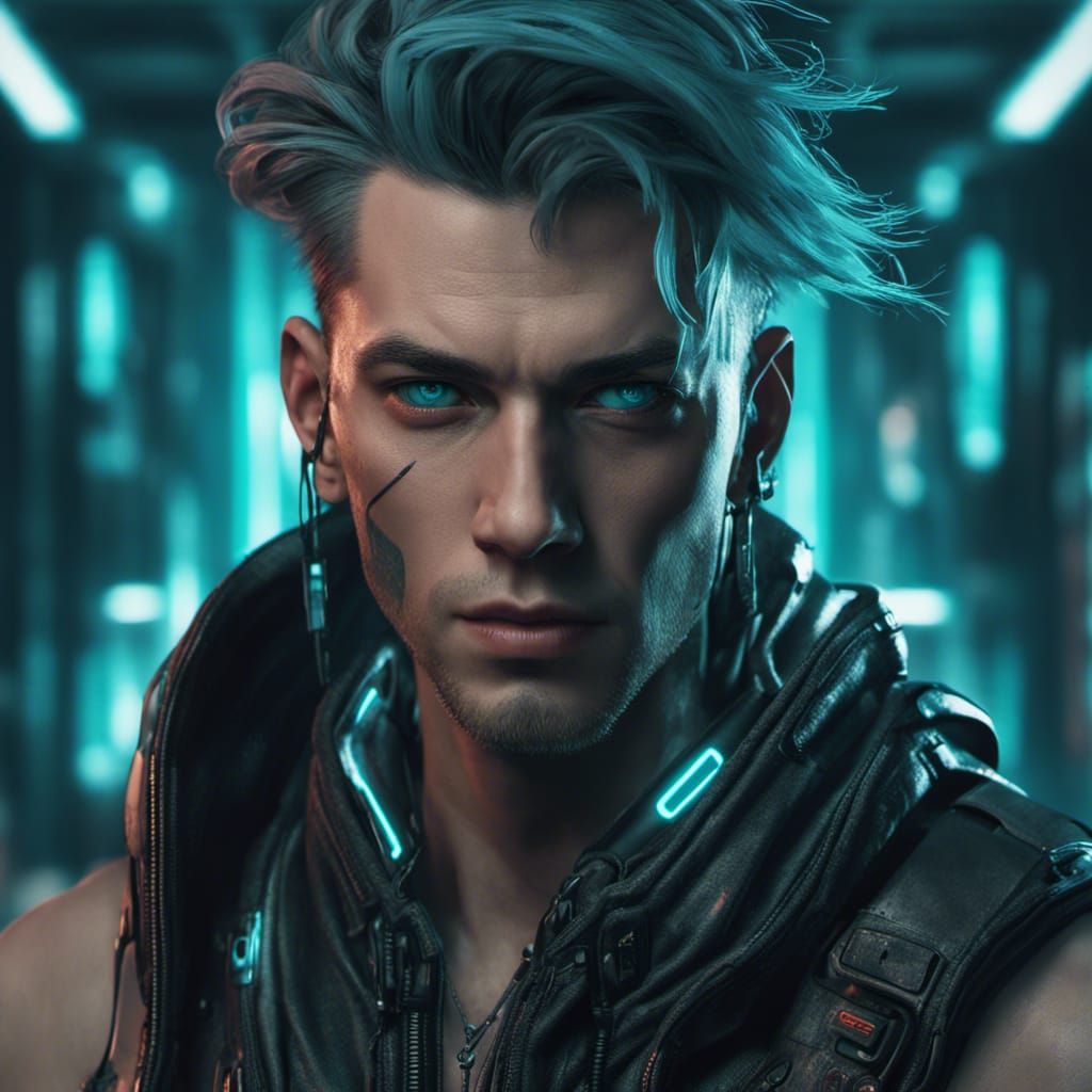 Cyberpunk, Male android, two-tone hair, LED lines, Teal Eyes, head and ...