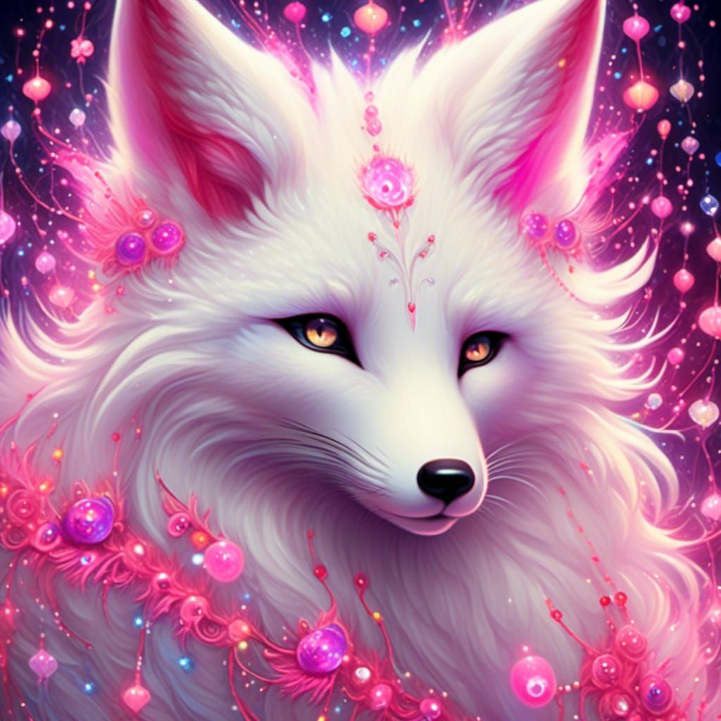 <lora:Neon sparkles:1.0> Visualize an enchanting close-up of an adorable white fox, its fur adorned with beautiful neon pink hues that seem...
