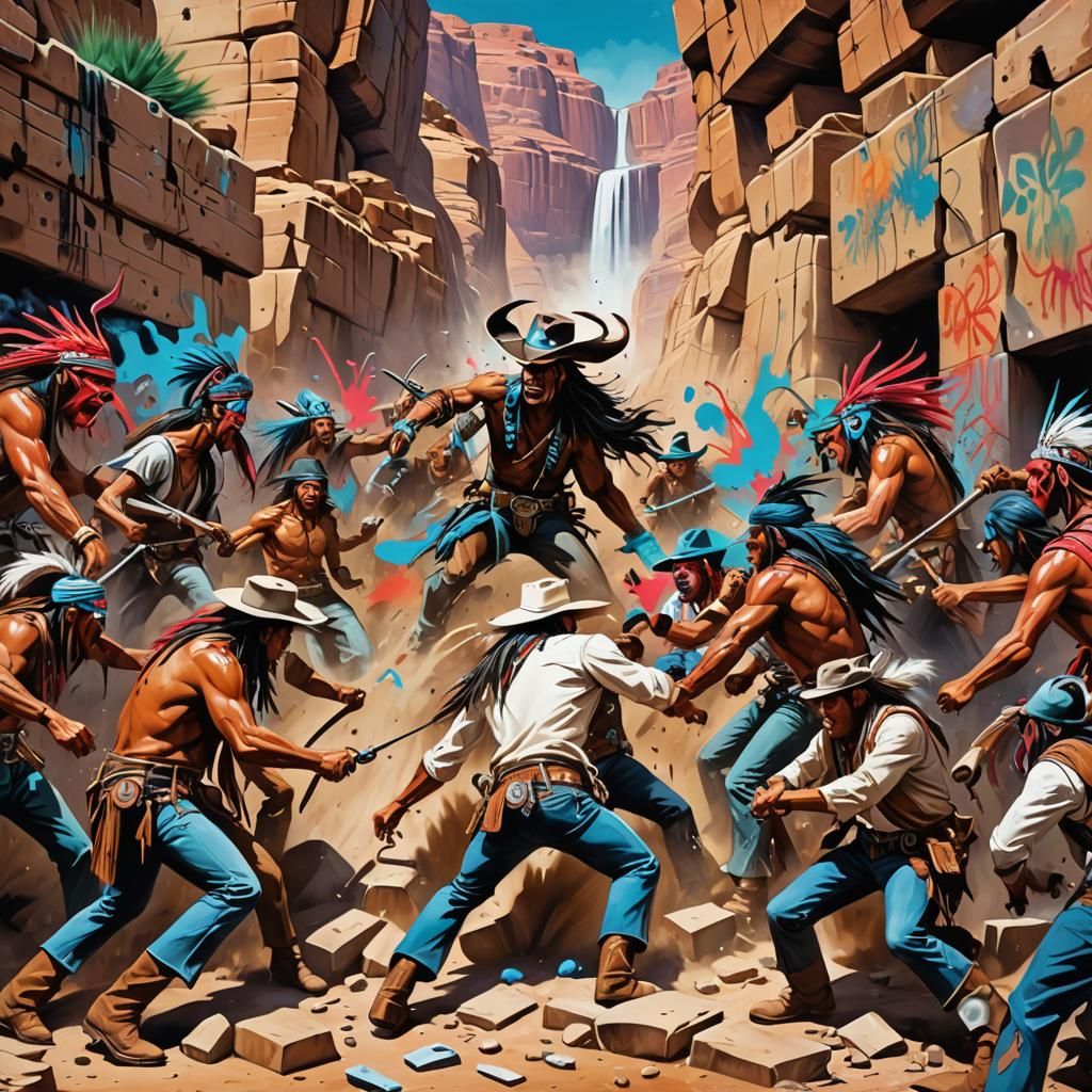 cowboys and indians fight it out in a box canyon
