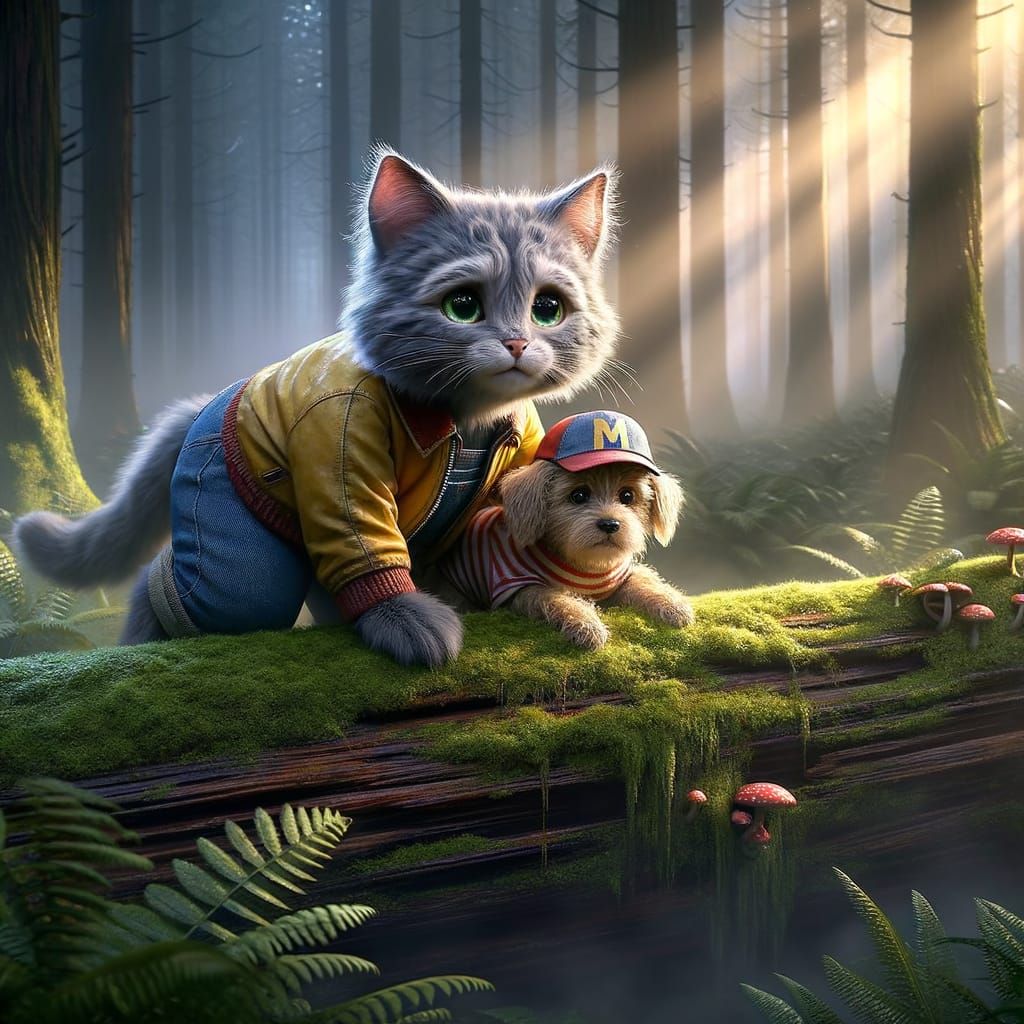 A realistic, fluffy gray kitten wearing a bright yellow jacket and denim overalls, and a small beige puppy wearing a red...