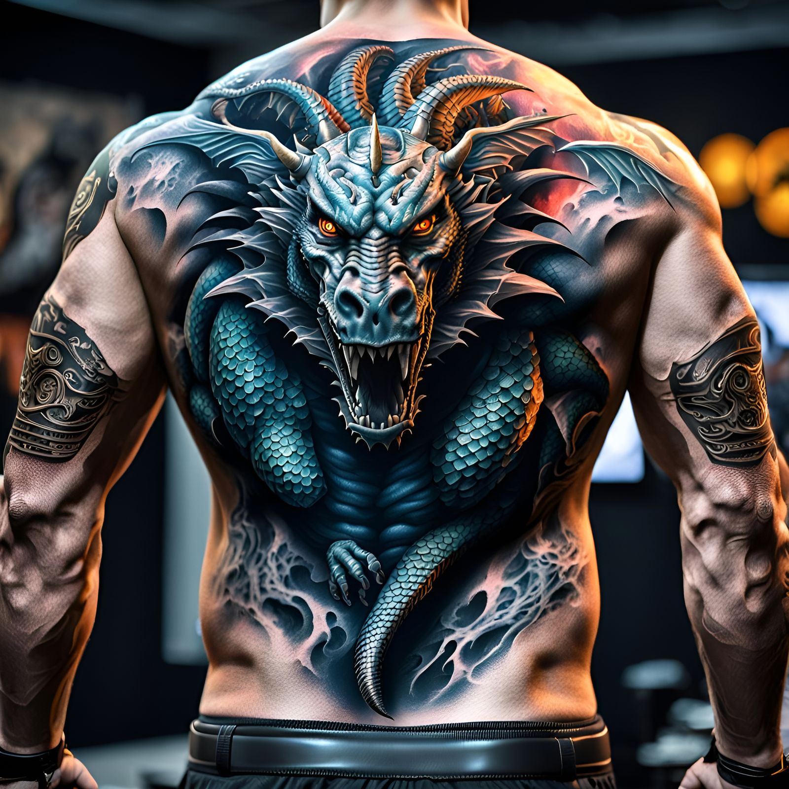 3D tattoo on wrestlers back of dragon going in our back , GeForce RTX ...