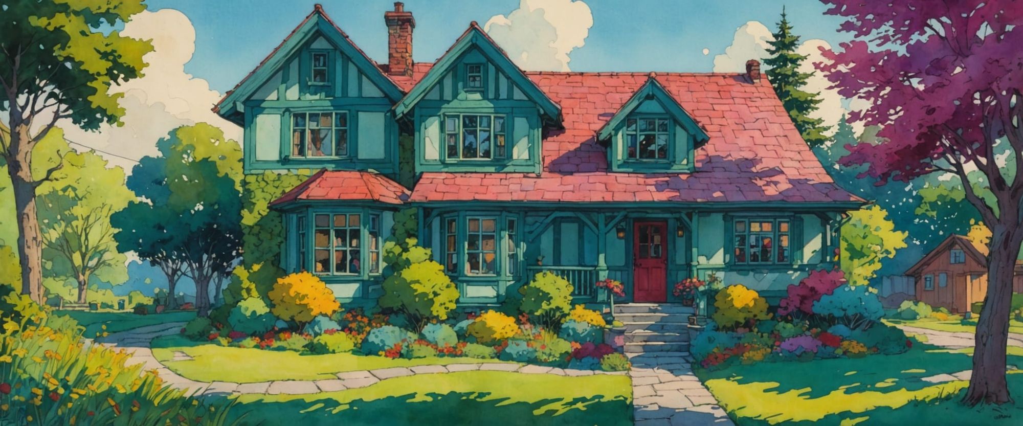 Harry & Ginny's House, house made of colorful large blocks, daytime, late afternoon sunlight, clear beautiful sky, colorful, bright, cheerfu...