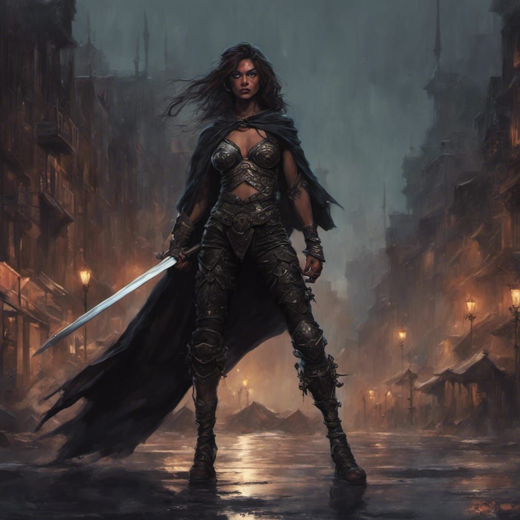 "Warrior woman, angry, with a falcata sword, with a brigandi...
