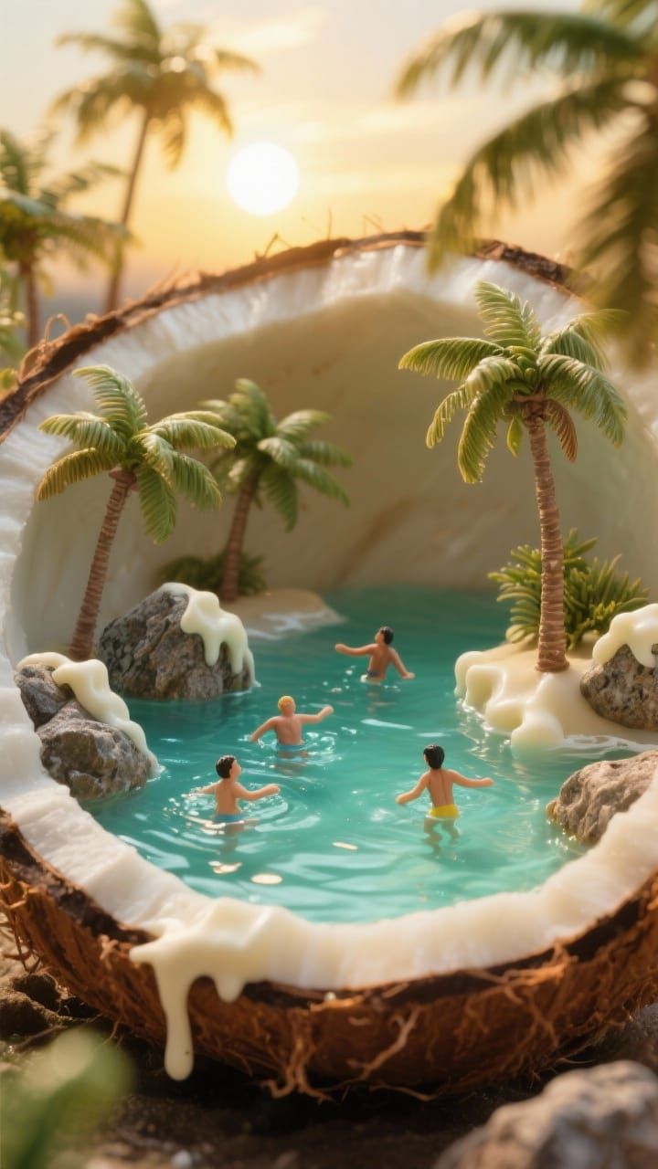 A tropical paradise inside an open coconut, with tiny people swimming in the pool and playing on palm trees, surrounded by small rocks made ...