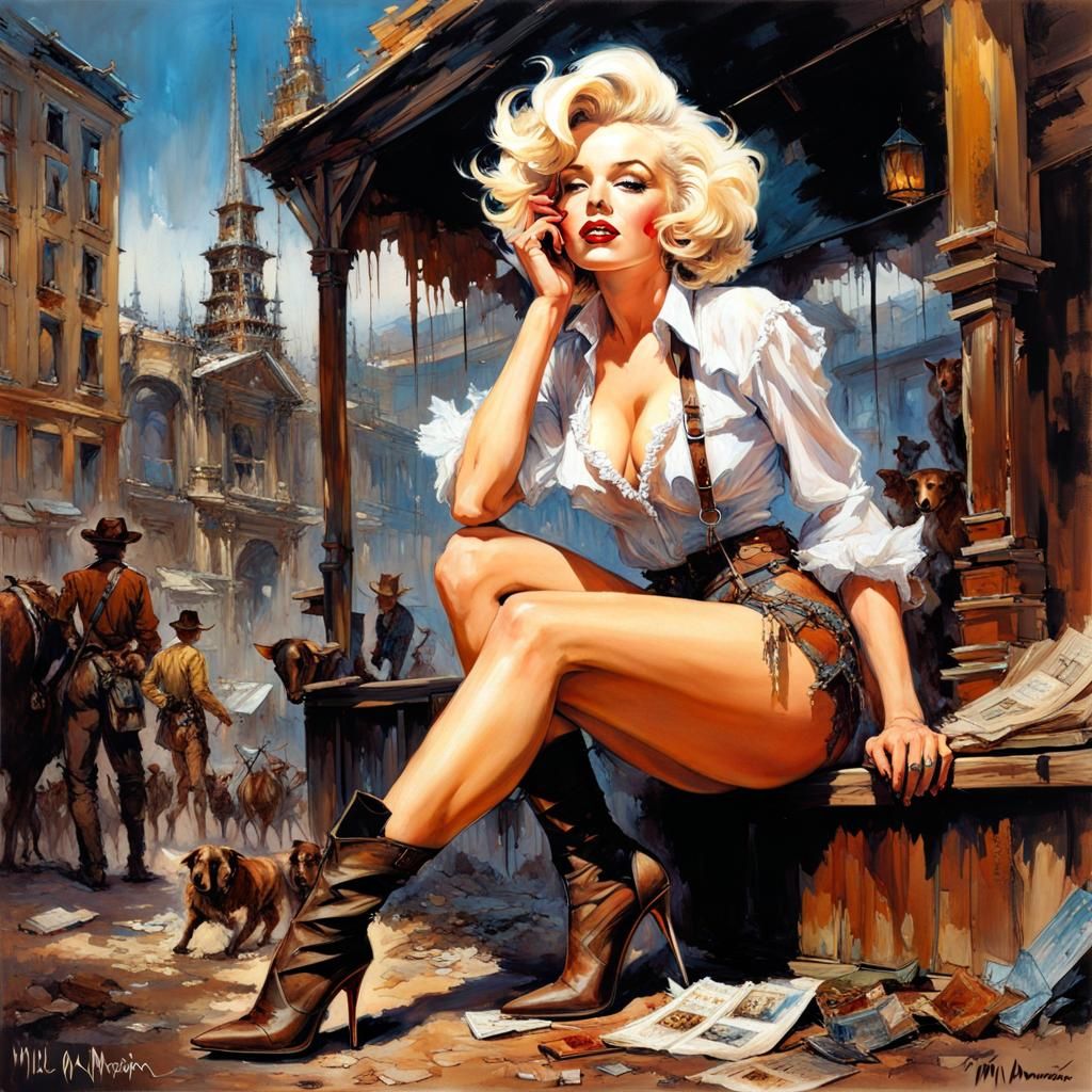 a Postcard with a Hot Cowgirl Marilyn Monroe, lingerii short...