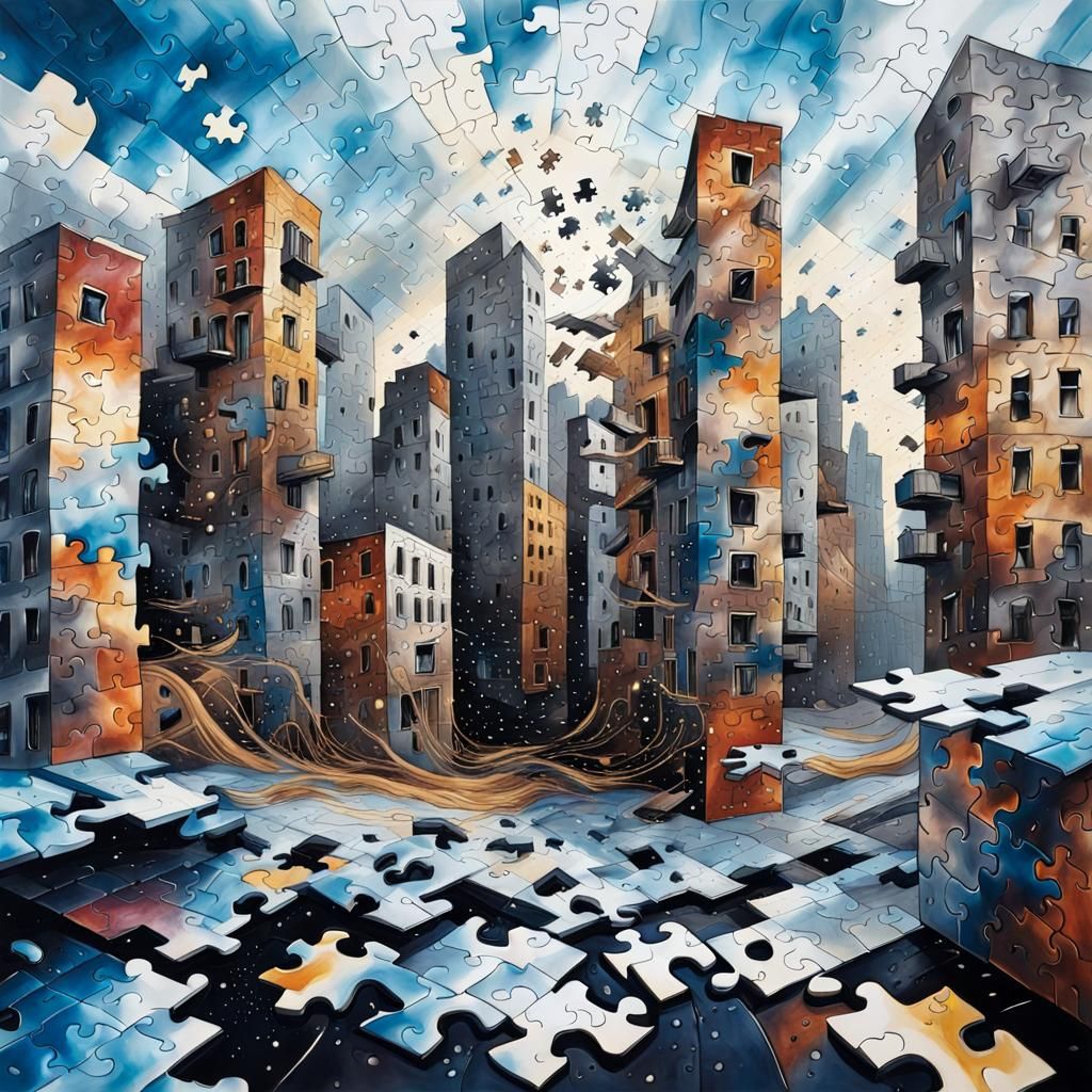  puzzle of a city  complicated, over a  sky hiperrealism, surrealisml, splash art, expresionism, ...  by @Helent