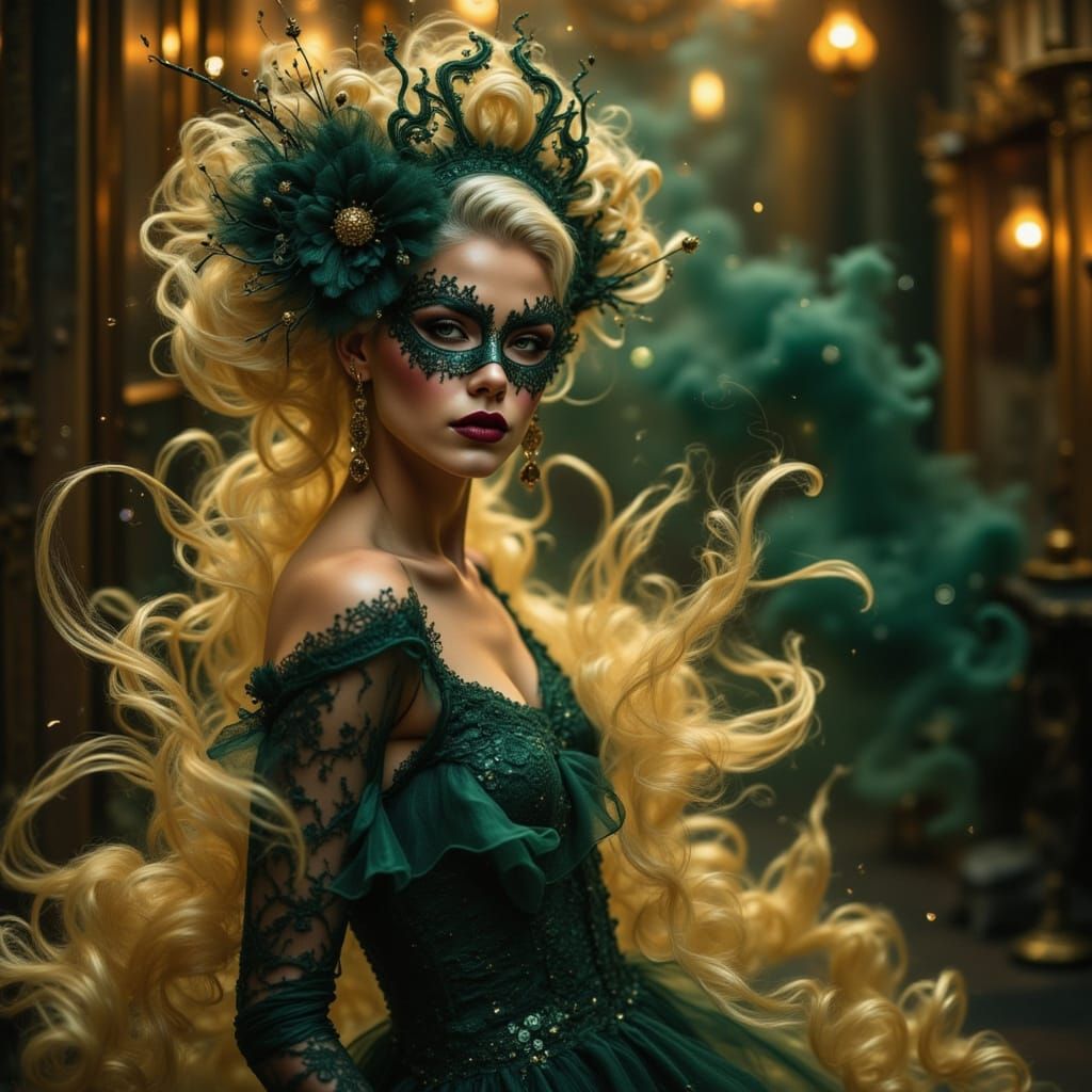 Masked Enchantress in Opulent Ballroom, Dark Fantasy Style