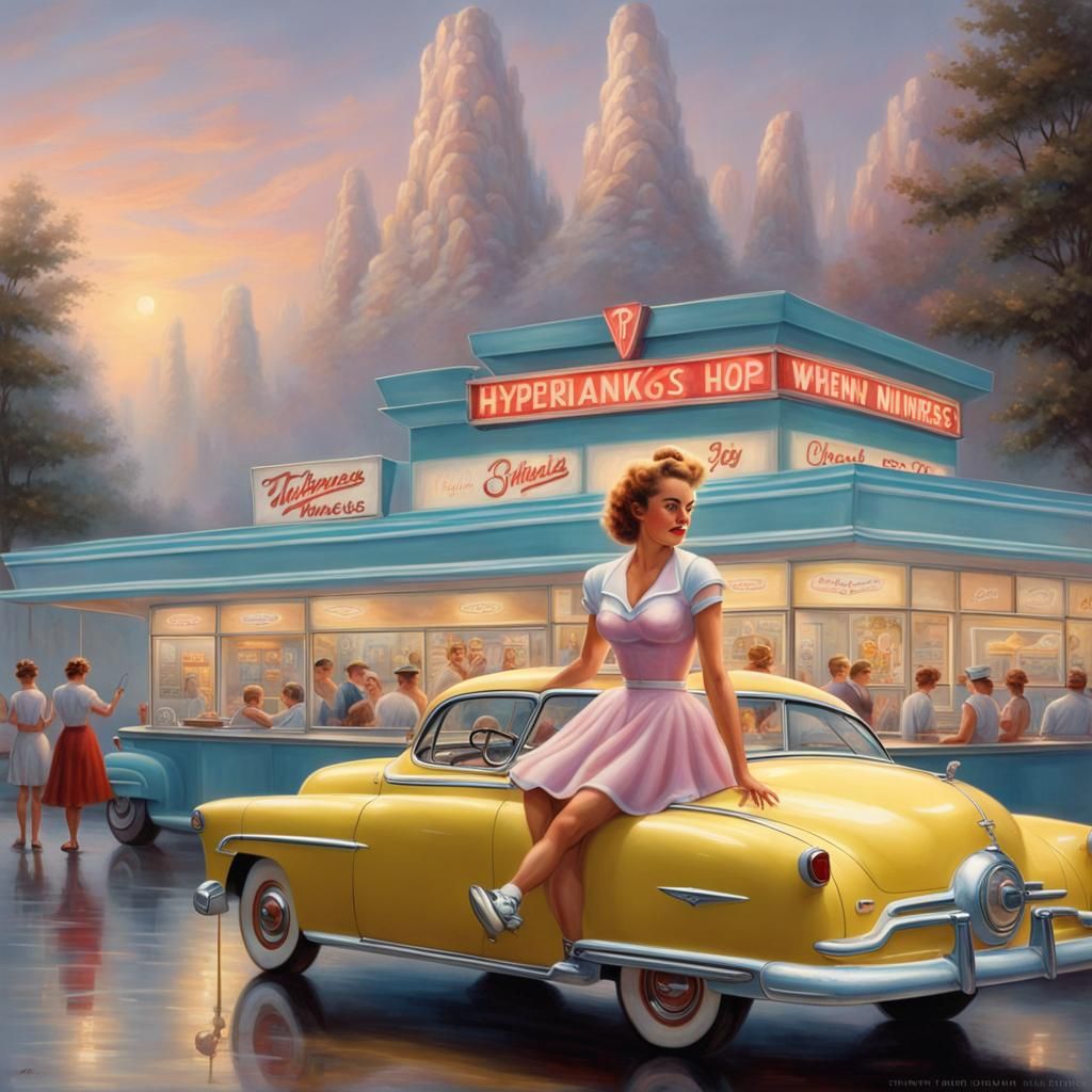 Hyper-realistic 1950-era Roller-skating Car Hop Waitress At A Drive-in 