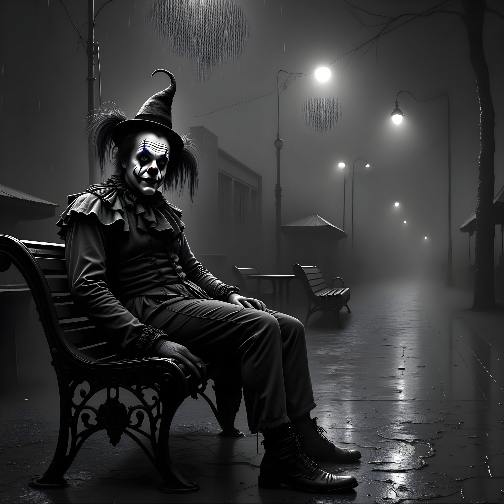 A whimsical, melancholic clown sits on a park bench in a rain-slicked, nostalgic city street. The scene is rendered in stark black and white...