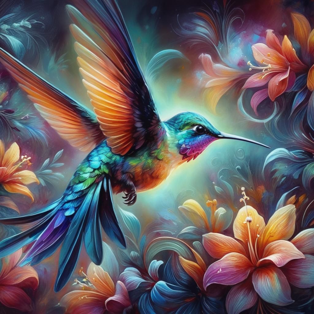 a hummingbird among flowers  by @undefined