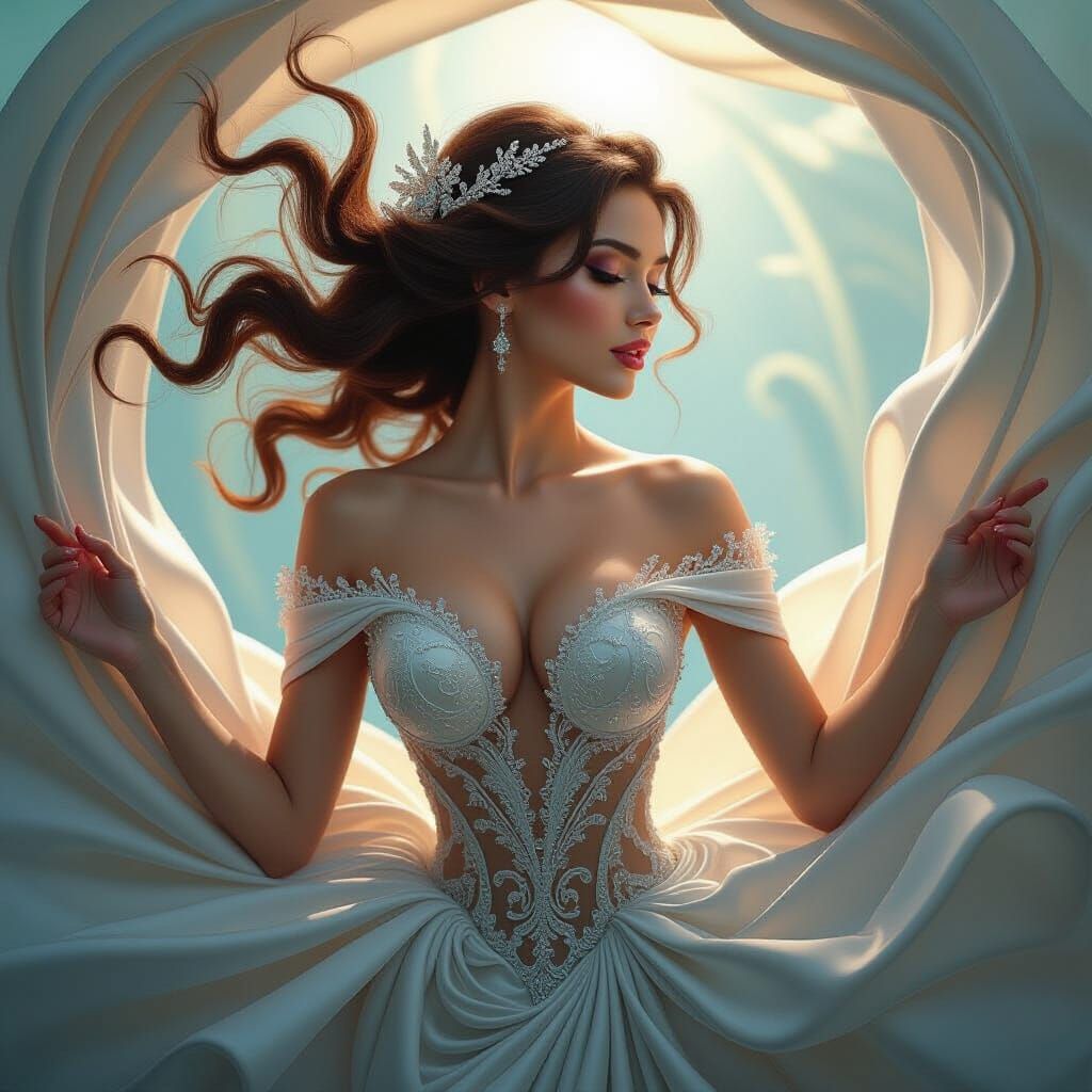 intricate gown, swirling, intricate hair, detailed light, 