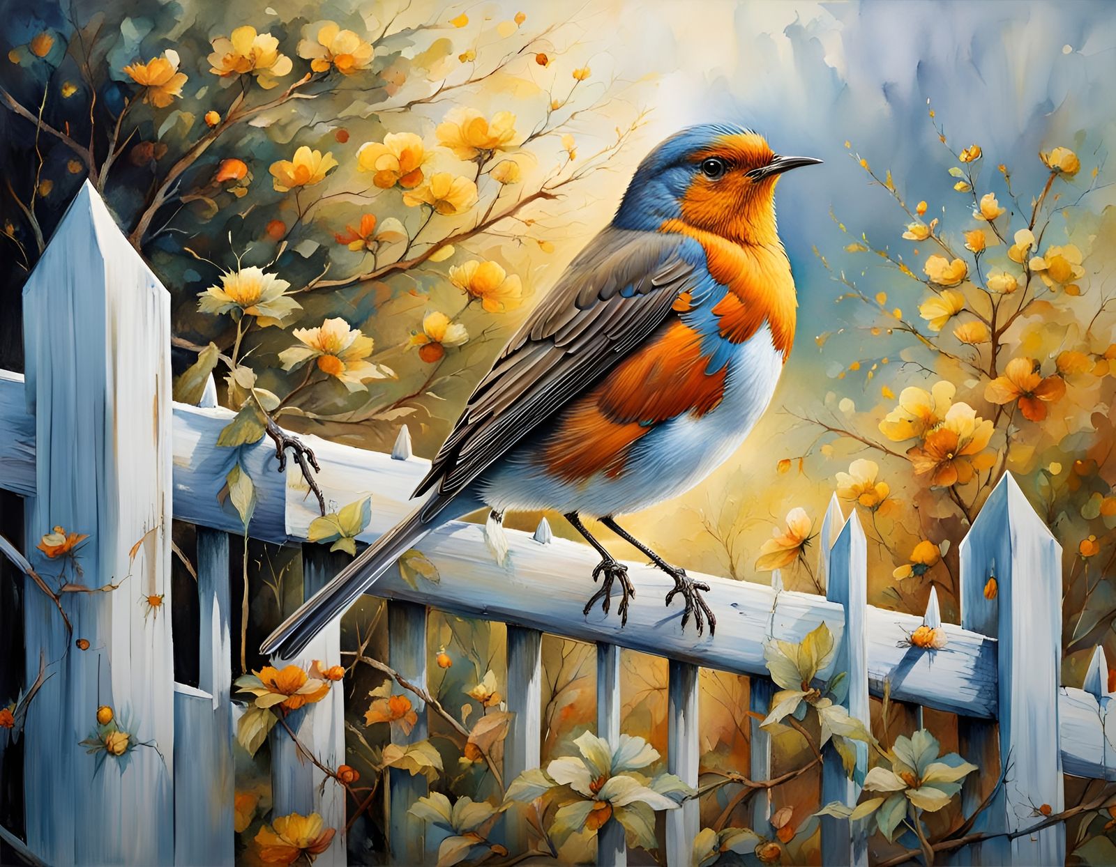 A robin sitting on a beautiful hyper realistic hyper detailed tree , beautiful bright colors, white picket ...  by @JACK ANDREASEN