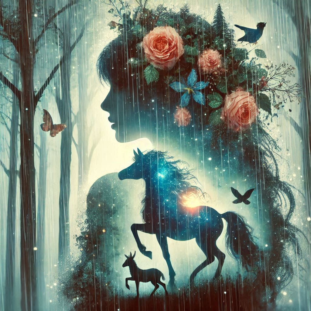 double exposure beautiful fantasy DALL-E 3 portrait landscape..