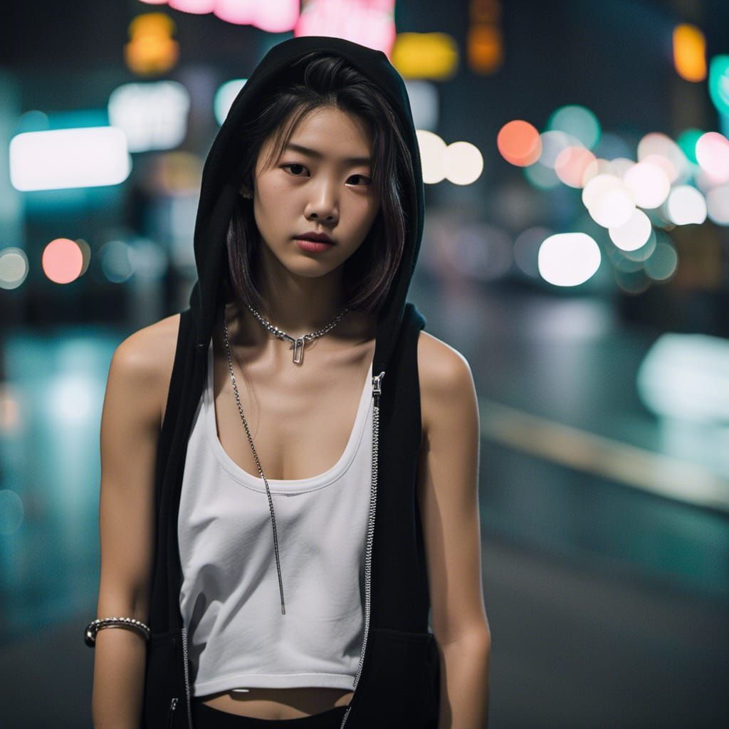 Street photography, thirst trap, Korean, 16-year-old girl, white tank ...