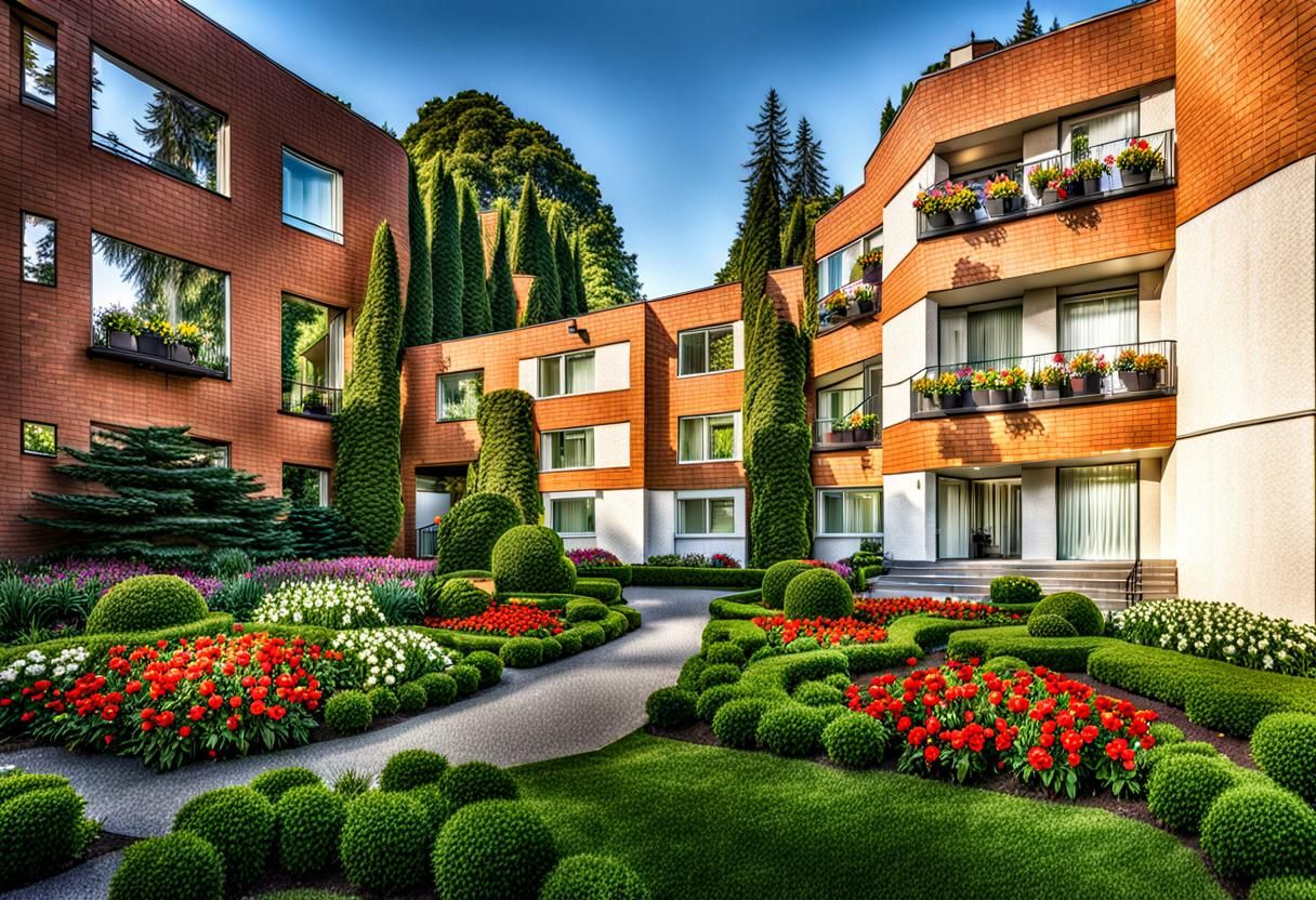 A rental apartment building in a garden park with trees and flowers. intricate details, HDR, beautifully shot, hyperrealistic, sharp focus,...